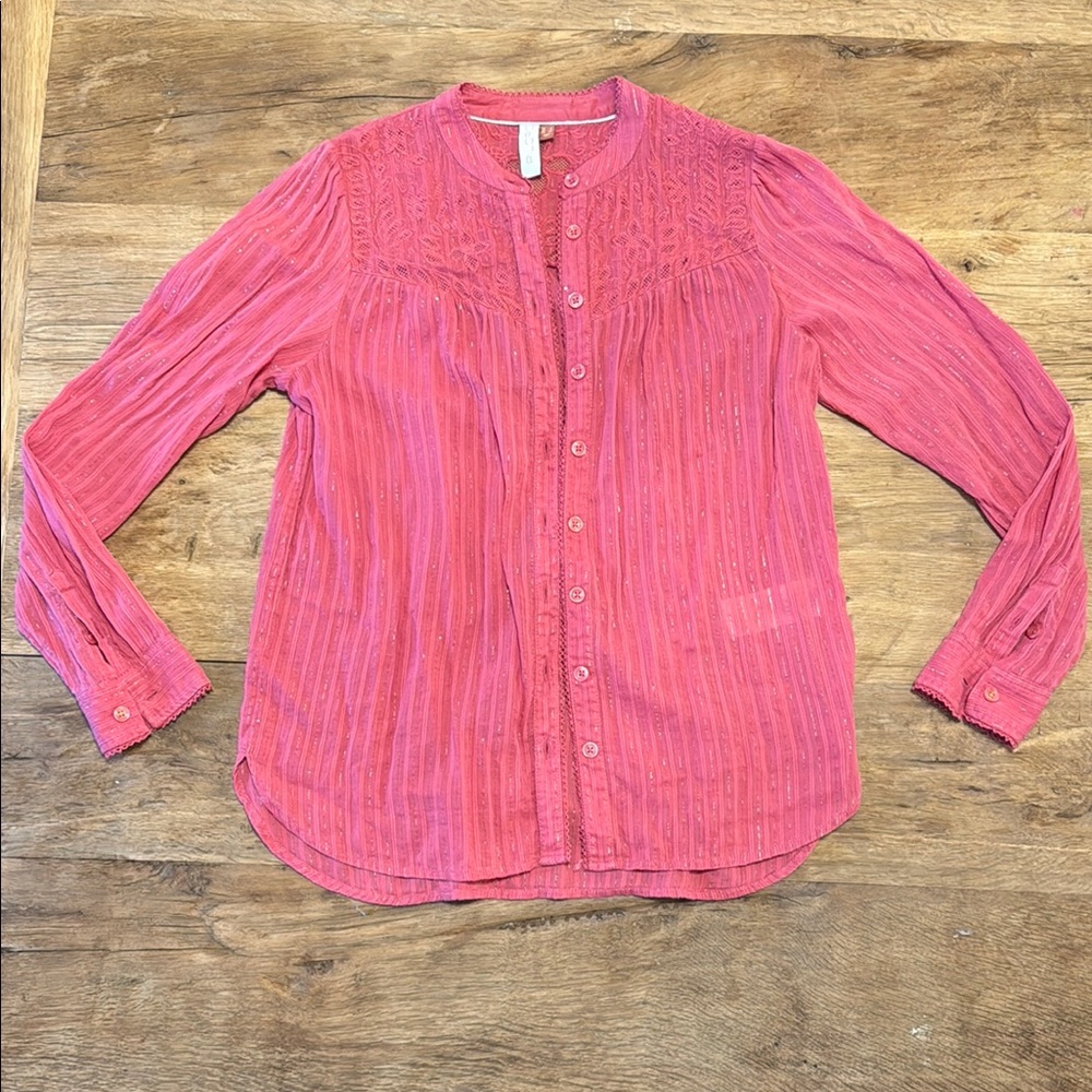 Anthropologie Pilcro the Victoria Lace Button-Up Blouse Pink tinsel Size 2 M1 - Picture 2 of 8